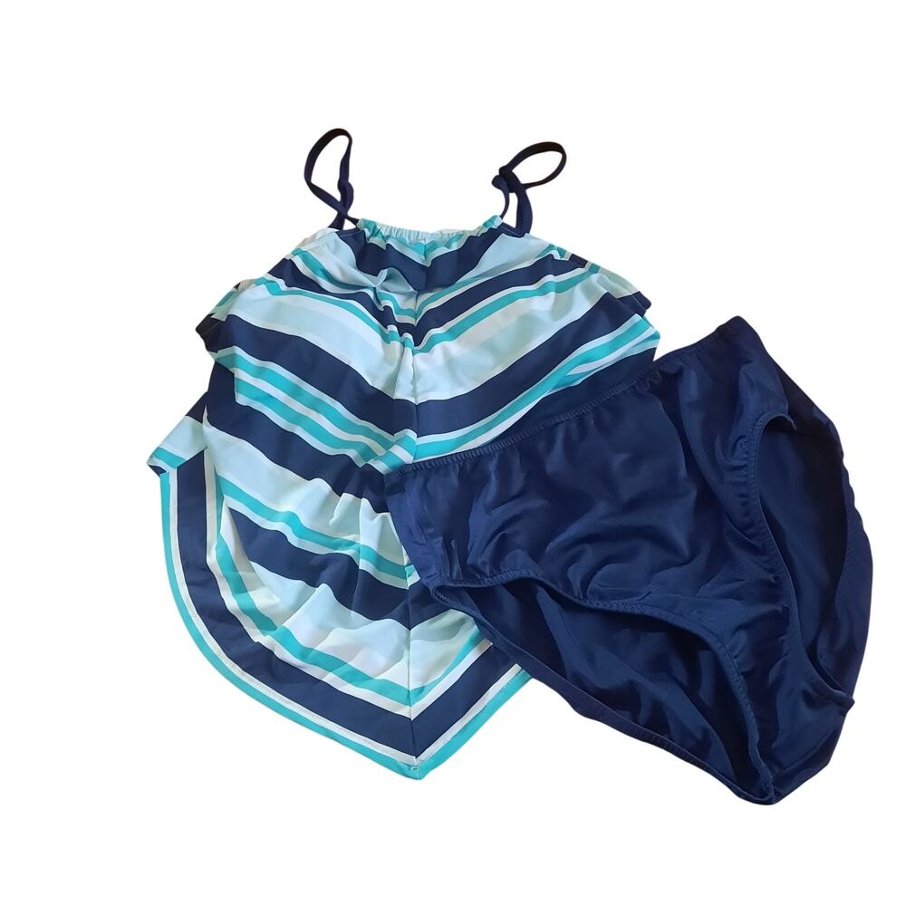 Venus Womens Navy Stripe Tankini Top and French Cut Brief Bottom Swim Size 14
